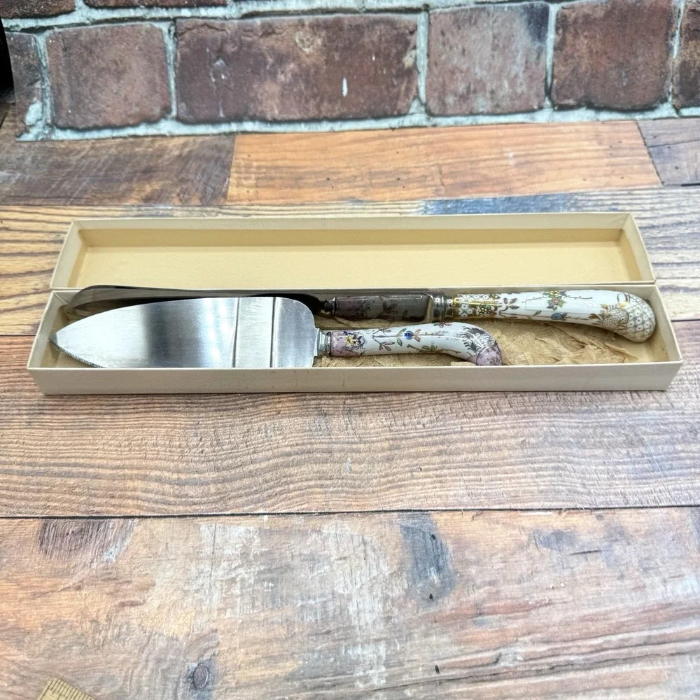 Sheffield Cake Server Knife Set Floral Motif Porcelain Gold Vintage READ MCM